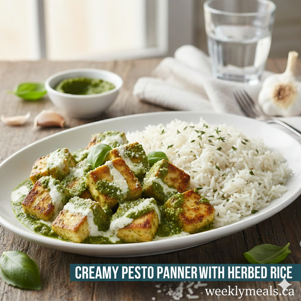 Creamy pesto panner with herbed rice