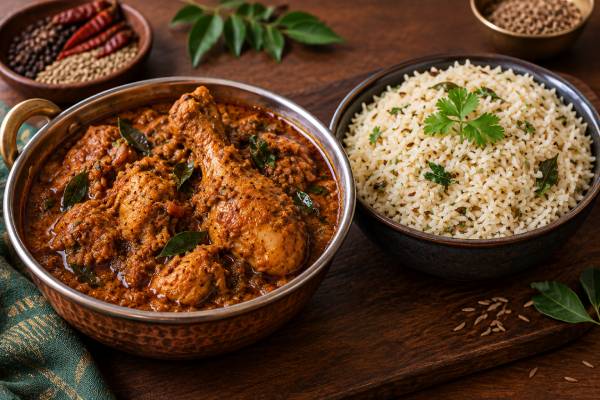 Chettinad Chicken Curry with Flavoured Jeera Rice