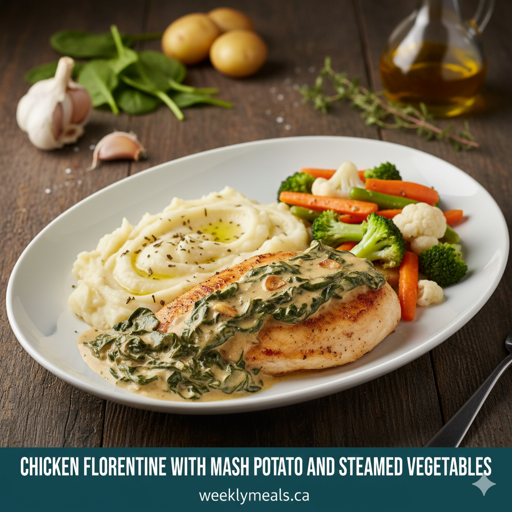 Chicken Florentine with Mashed Potatoes and Steamed Vegetables