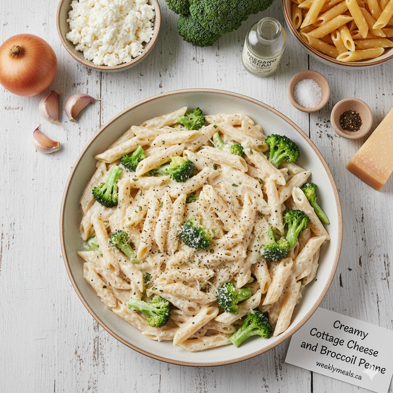 Weekly meals Pasta dish with broccoli in a bowl on a wooden table with ingredients around