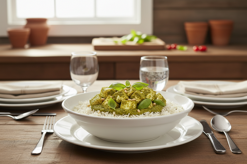 Weeklymeals Bowl of creamy pesto rice with herbed rice on a wooden table, featuring the WeeklyMeals.ca label.