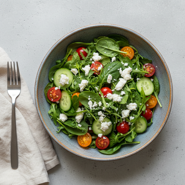 Weekly Meals 
Salad with greens, cucumbers, tomatoes, and feta cheese in a bowl on a light surface.