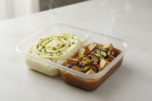 Weekly Meals Bowl of soup with tofu and vegetables next to mashed potatoes on a white surface