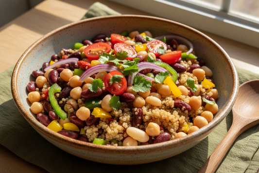 A ceramic bowl filled with Quinoa Mixed bean Salad, plated with care and balance. The meal should look fresh, warm, and appetizing, with visible textures and natural colors.