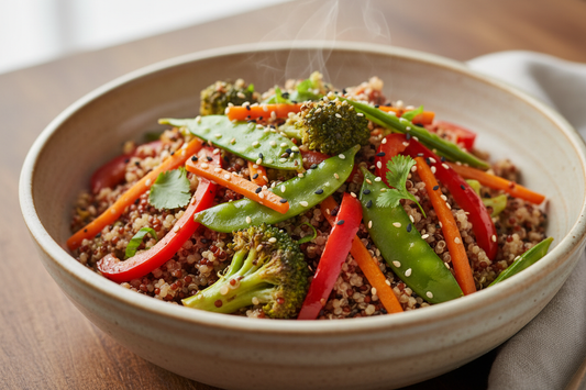 A ceramic bowl filled with Quinoa stir fry vegetables, plated with care and balance. The meal should look fresh, warm, and appetizing, with visible textures and natural colors.