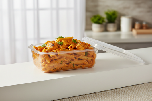Butter chicken penne pasta in a meal container on a ceramic shelf 