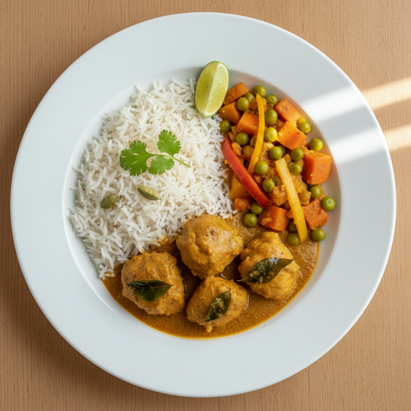 Chicken curry with rice in vegetable curry
