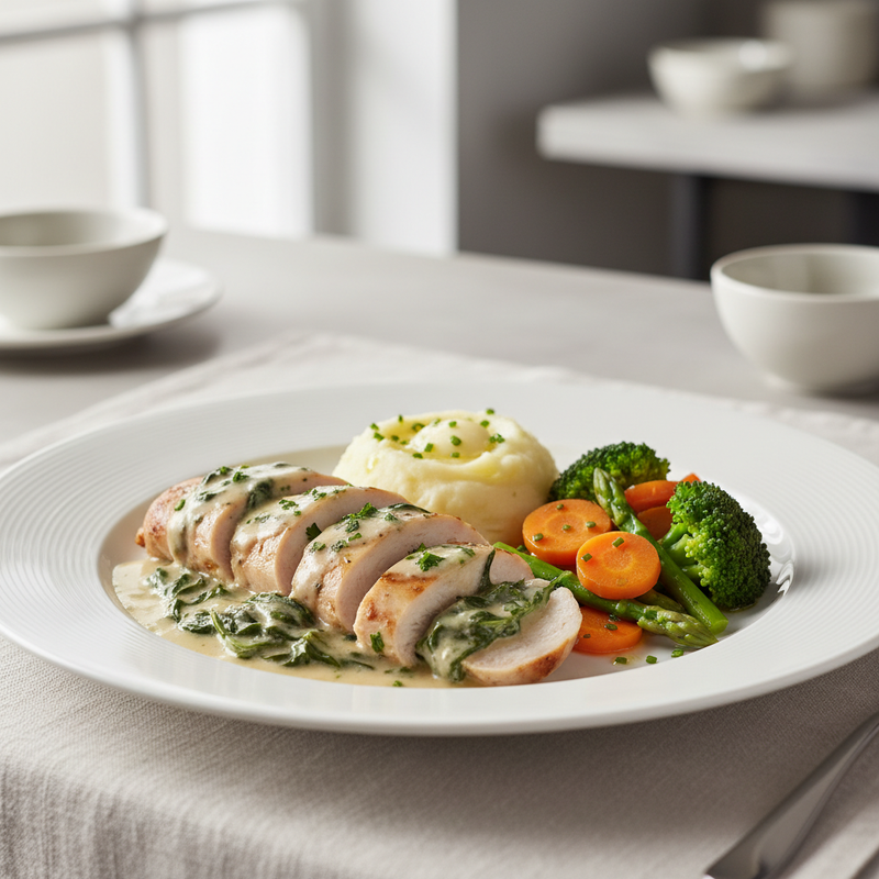 Chicken Florentine with Mashed Potatoes and Steamed Vegetables