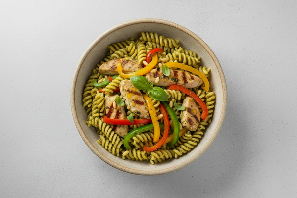 Plate of Chicken Pesto Fusilli with bell peppers on a wooden table, featuring Weeklymeals.ca branding.