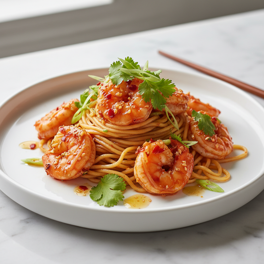 Chilli garlic prwans with noodles