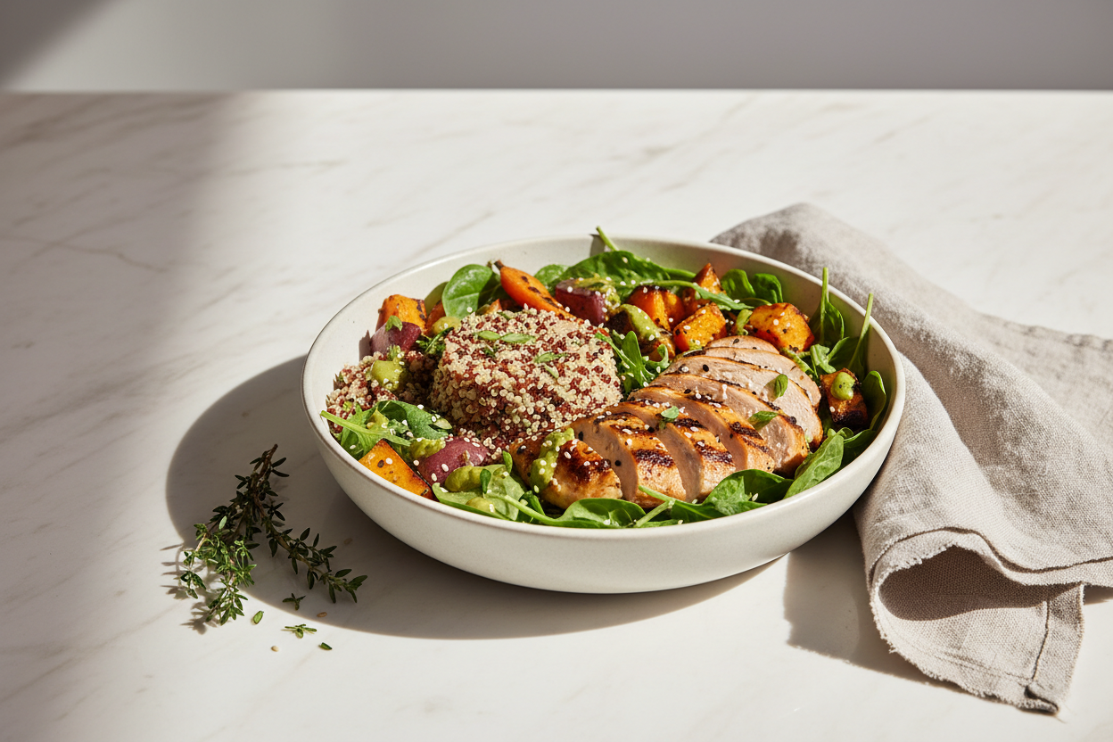 Create a clean, premium hero image for a prepared meal subscription brand called WeeklyMeals, inspired by WeCook’s homepage hero style.

The image should feel minimal, bright, and lifestyle-driven, not busy or over-styled.
