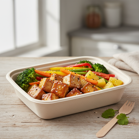 Firm tofu cubes glazed in tangy-sweet sauce with broccoli, bell peppers, carrots, and pineapple. A plant-based ready-to-eat meal that delivers balanced flavor and nutrition in every bite. Perfect for lunch or dinner when you need something quick and satisfying.