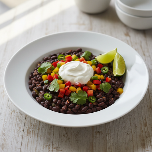 Hot and Spicy Black Bean Bowl with peppers and sour cream in plate