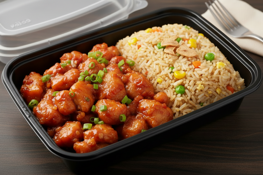 Spicy chilli chickne with fried rice in a meal container
