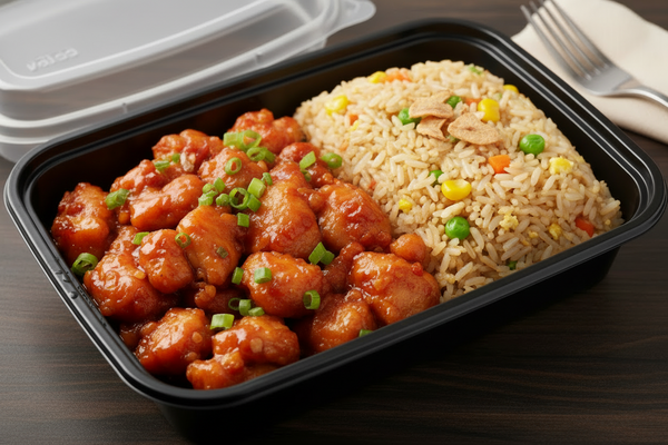 Spicy chilli chickne with fried rice in a meal container