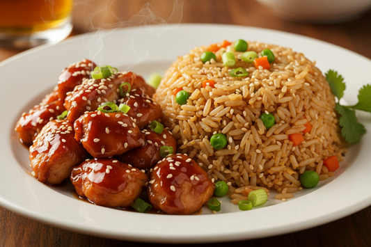 Sweet &amp; Savory Teriyaki Chicken with Fried Rice. Enjoy tender chicken glazed in a rich teriyaki sauce and served with flavorful fried rice. Seasoned with aromatic garlic and other spices, it's a perfect quick and satisfying meal.
